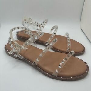 CUSHIONAIRE Women's Studded Ankle strap sandal with Memory Foam 8.5 CLEAR